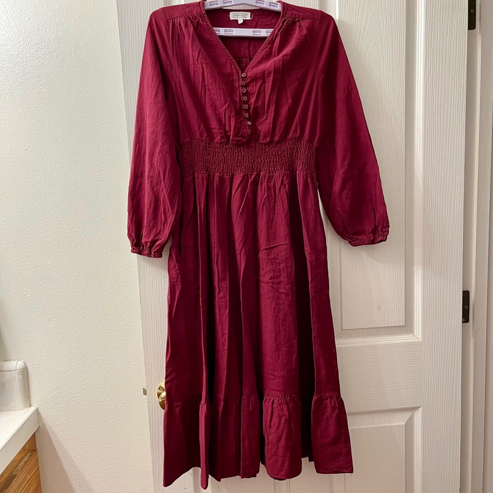 Sweet Salt Midi Dress Women's Med Burgundy Cotton Smocked Tiered Prairie Cottage